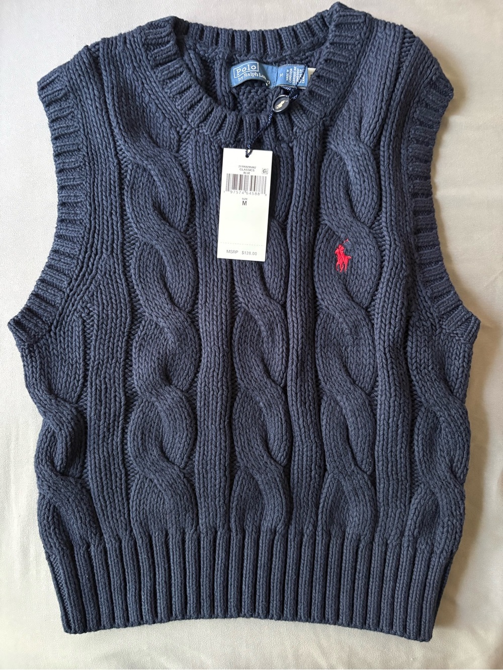 Polo by Ralph Lauren Navy Cable-Knit Sleeveless Sweater Vest with Red Pony